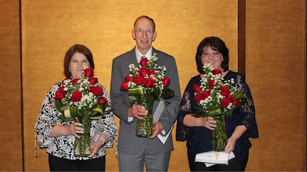 WVU Medicine honored Berkeley Medica Center’s Vickie Davis, John McDonald, and Barbara Rudy (left to right) for 45 years of service during the annual employee recognition banquet. 
